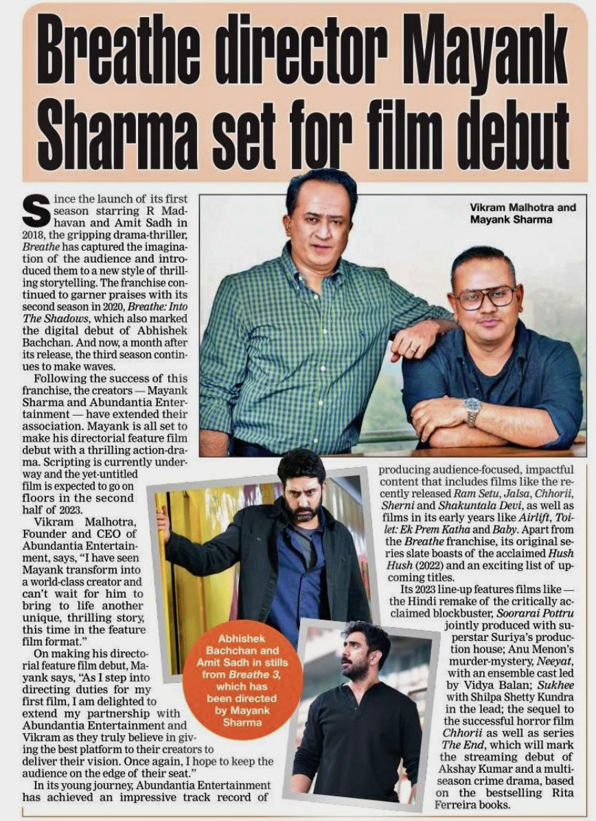 Mayank Sharma (@mayankvsharma) on Twitter photo I believe stories decide their medium and this time it’s a feature film…Thrilled to direct a pulsating action thriller layered with drama…Time to strengthen my long collaboration with the visionary <a href="/vikramix/">Vikram Malhotra</a> and the amazing team of <a href="/Abundantia_Ent/">Abundantia Entertainment</a>…Need all your good wishes🙏 I believe stories decide their medium and this time it’s a feature film…Thrilled to direct a pulsating action thriller layered with drama…Time to strengthen my long collaboration with the visionary <a href="/vikramix/">Vikram Malhotra</a> and the amazing team of <a href="/Abundantia_Ent/">Abundantia Entertainment</a>…Need all your good wishes🙏