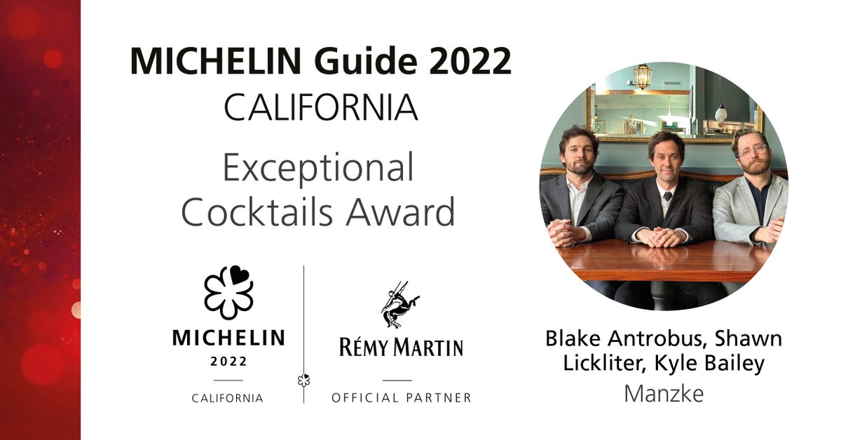 Congrats to the bar team @manzkerestaurant, the 2022 MICHELIN Guide California Exceptional Cocktails Award winners! @remymartinUS @discoverLA  @dineLA  @VisitCaIifornia #remymartin #MICHELINGuideCA #MICHELINStar22 
social.michel.in/6011eJd6t