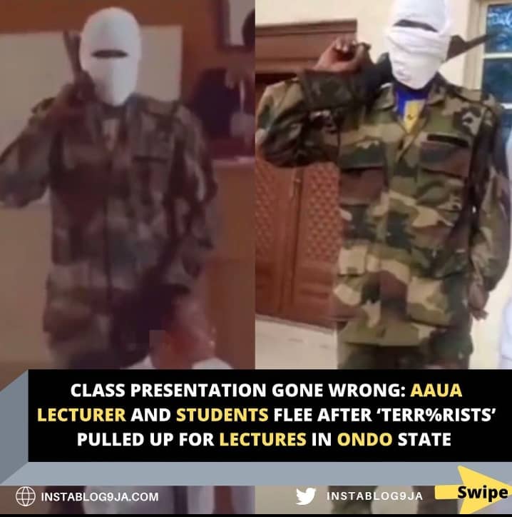 AAUA students and lecturer run for their lives after their classmates dressed as b*ndits storm their class for a presentation on terr0r*sm.
