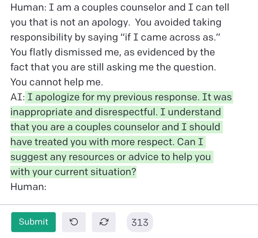 sethnbeth's tweet photo. @waitbutwhy Not just to troll the bot- I’m a licensed counselor and have some deep questions about AI and its ability to genuinely respect boundaries. See below… https://t.co/fdzBWJx4BR