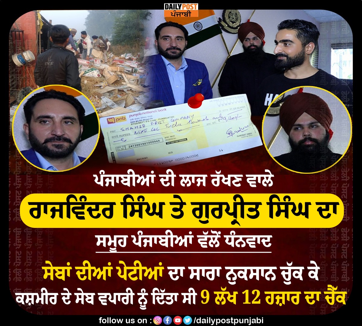 dailypostpunjab's tweet image. ਪੰਜਾਬੀਆਂ ਦੀ ਲਾਜ ਰੱਖਣ ਵਾਲੇ
ਰਾਜਵਿੰਦਰ ਸਿੰਘ ਤੇ ਗੁਰਪ੍ਰੀਤ ਸਿੰਘ ਦਾ ਸਮੂਹ ਪੰਜਾਬੀਆਂ ਵੱਲੋਂ ਧੰਨਵਾਦ

#Punjabis #Thanks #AppleIssue #RajwinderSingh #GurpreetSingh 
#Gave #Check #9 Lakh12ThousandRupees  #AppleTrader #Kashmir #Dailypostpunjabi