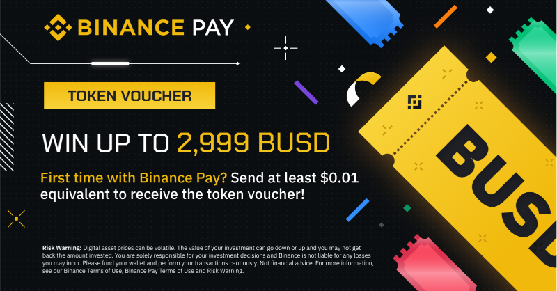 binance's tweet photo. Send crypto with #Binance Pay to receive up to 2,999 #BUSD in Token Vouchers! (2022-12-06)
