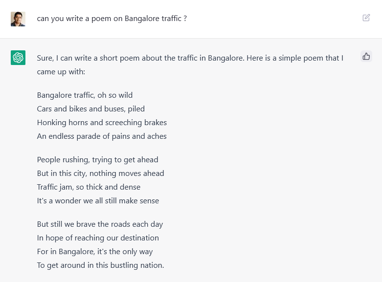 shailesh_al's tweet photo. #ChatGPT does not dissapoint,  I asked it to create a poem while stuck in #bangaloretraffic https://t.co/GKtRa0BiZF
