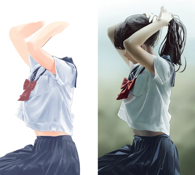 ちょうど一年前模写始めたばかりのころの絵と今日塗った絵。時間は両方とも2~3時間はぐらいかかった。ぱっと見、物の広さや曲がり、コントラストが前より良くなってるかと。ここなんでこんな色に塗ったの?ってなるところすんごく多かったし、こうして並んで見ると変な気分になるね 