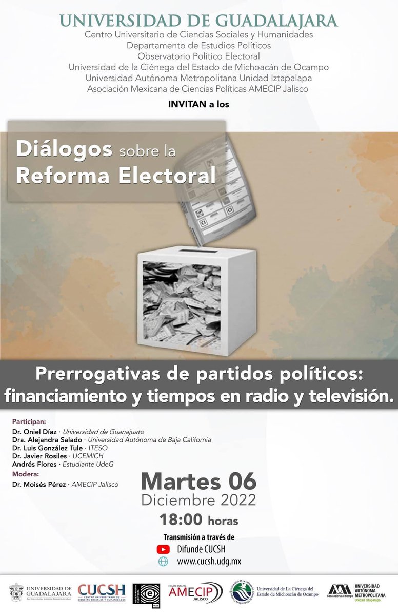 📌Nos vemos mañana martes a las 18:00 hrs en Diálogos sobre la Reforma Electoral.

<a href="/ObsElectoralUDG/">Observatorio Político Electoral UdeG</a> <a href="/CAmecip/">Comité Estatal Amecip-Jalisco</a> <a href="/mony0627/">Monica Montaño Reyes</a> <a href="/OnielDiaz/">Oniel Diaz</a>