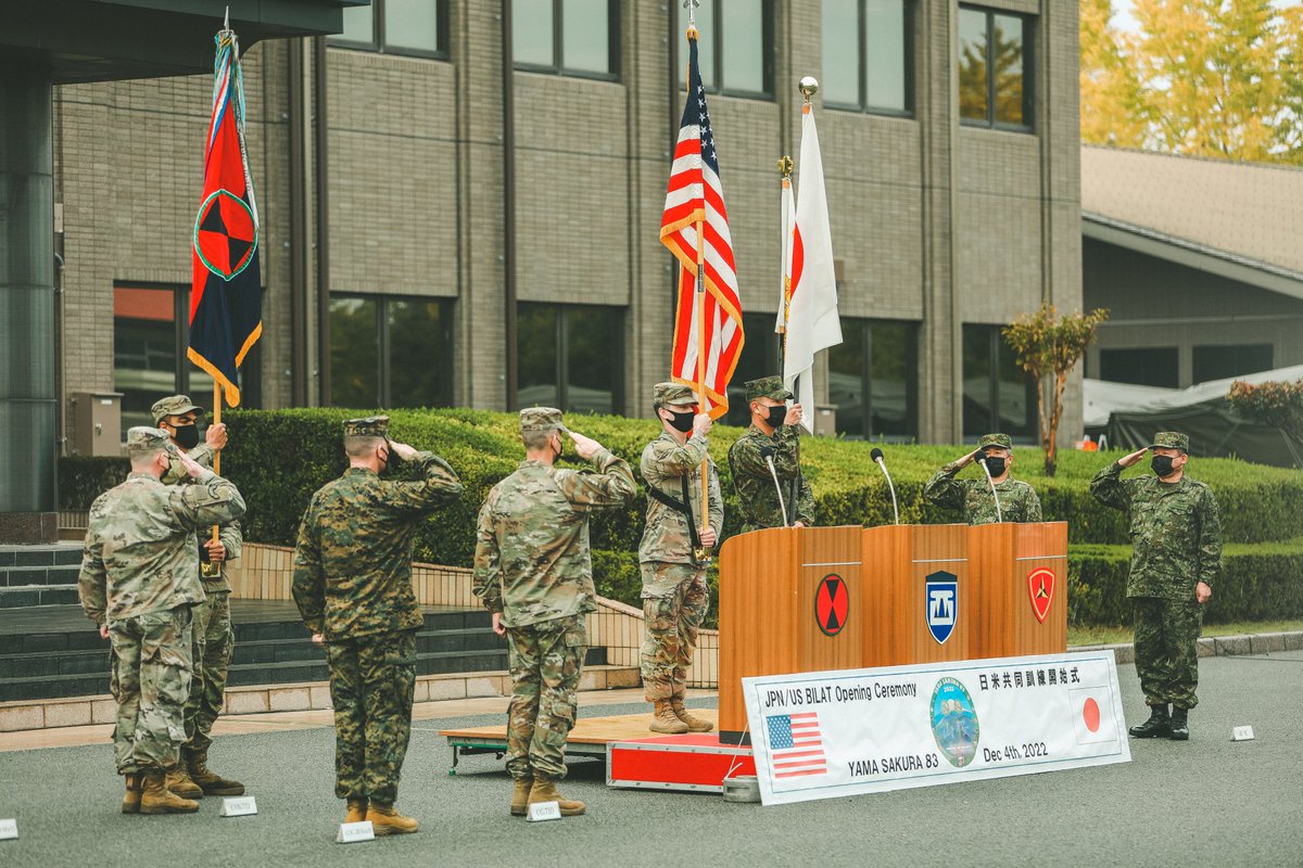 Service members participate in the opening ceremony of Yama Sakura 83 (YS83) at Camp Kengun, Japan, Dec. 4, 2022. The goal of YS83 is to strengthen multi-domain and cross-domain interoperability and readiness between the U.S.-Japan alliance to ensure a free and open Indo-Pacific.