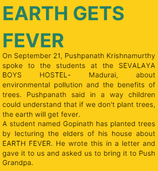 yellowbag_org's tweet photo. Earth Gets Fever!!!🤒🤒
A letter to Pushpanath Krishnamurthy from Sevalya Boys Hostel Student, Madurai
If we do not plant trees, Earth become ill.
@Pushpan @krishnanns 
#Savetrees https://t.co/JFiFmnHod6