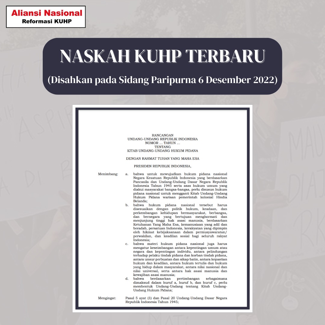 ICJRid's tweet photo. [NASKAH KUHP TERBARU]

Berikut naskah KUHP terbaru yang telah disahkan pada sidang paripurna tanggal 6 Desember 2022. 

Silakan unduh melalui link berikut:

https://t.co/xIn0c5VHVH https://t.co/CJGzflzUFd