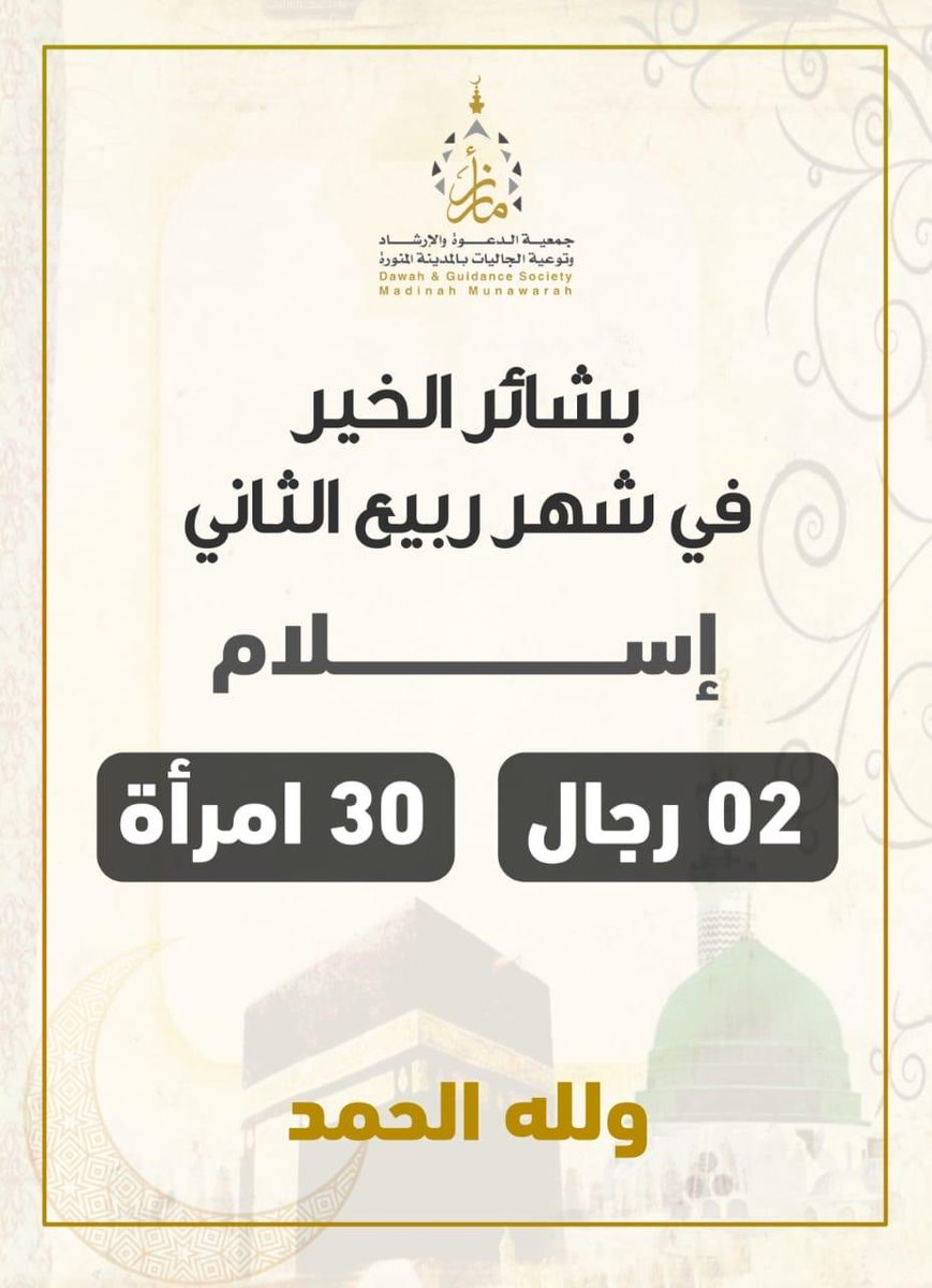 saadHreib's tweet photo. ما شالله تبارك الله . 
جمعية الدعوة والإرشاد في ⁧#المدينة_المنورة⁩ تعلن عن
إسلام 30 امرأة و رجلين خلال شهر ربيع الثاني .. https://t.co/tUIo9leJmy
