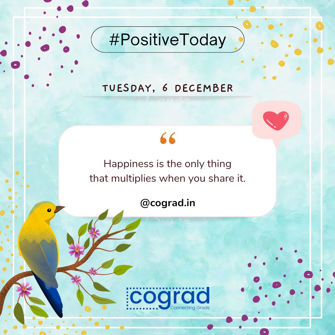 December 6, 2022 - 

Let's talk about #Happiness.

“There is no path to happiness; happiness is the path.”

#PositiveToday by <a href="/cograd_in/">Cograd</a>

#ThoughtForTheDay
#PositiveTodayByCograd
#Happinessquote
#cograd