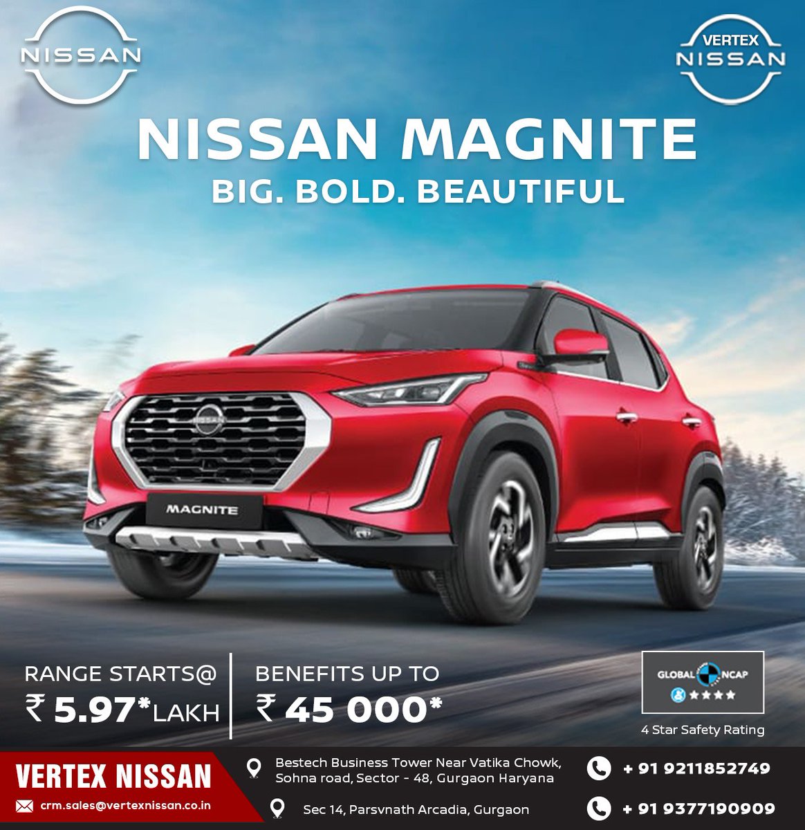 VertexNissan's tweet photo. Experience the attractive #JapaneseEngineering with the big, bold and beautiful SUV.
With Powerful HRAO 1.0L Turbo Engine, Simply turn the ignition on &amp; you'll experience the power of strong Engine coursing throw the SUV.
.
👉 Book yours now &amp; Get benefits upto ₹ 45,000* https://t.co/RP22LYNlOe