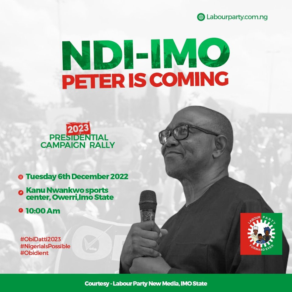 PethonyUche's tweet photo. Ndị Imo!!!!! Show them how it's done. Join the OBIdient Train as Peter Obi and Ahmed DATTI lands in your great city of Owerri for the #ObiDattiInImo today.
Shut it down and press their neck!
#OwerriIsOBIdient
#PeterObiForPresident2023
#PeterIsComing
#PUTalks https://t.co/SWEpUeR1aM