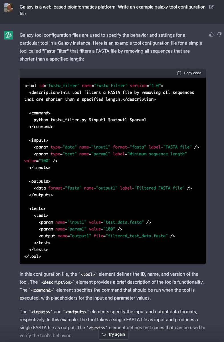 Jeremy Goecks (@jgoecks) on Twitter photo ChatGPT knows about <a href="/galaxyproject/">Galaxy Project</a> tool configuration files. I'm really curious to know what its corpus of training data looks like ChatGPT knows about <a href="/galaxyproject/">Galaxy Project</a> tool configuration files. I'm really curious to know what its corpus of training data looks like