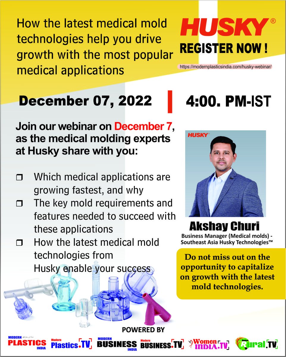 ModernPlasticsI's tweet photo. HUSKY - WEBINAR ON DECEMBER 7TH 2022 @4:00 PM IST

Topic: How the latest medical mold technologies help you drive growth with the most popular medical applications

Join our webinar on 7th December 2022, as the medical molding experts at Husky share with you:
● Which medical ... https://t.co/ahHQdG1JEW