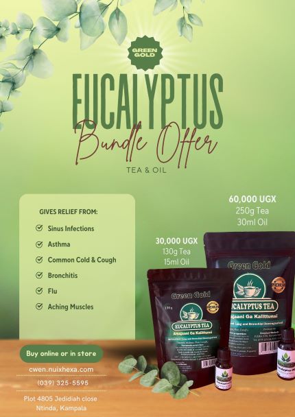 CwenInfo's tweet photo. Get yourself a Green Gold Eucalyptus tea and oil combo for holidays! Boost your immunity,keep flu and cough at bay while enjoying the festivities. Log on to https://t.co/re1BDHU8rV or call +256-393-255595 for deliveries.#cwensupport #shoplocalug #womenontheshelf #uganda https://t.co/XgGPiTAUsC