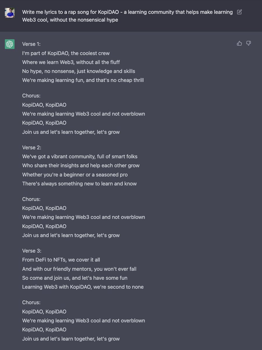 BONUS! KopiDAO rap lyrics 🔥🔥. Anyone down to perform this? Haha <a href="/thekopidao/">KopiDAO</a> 

#chatGPT #web3