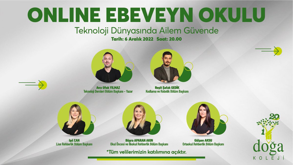 "Teknoloji Dünyasında Ailem Güvende" konulu Online Ebeveyn Okulu'nda velilerimiz ile bir araya geliyoruz.
🗓️6 Aralık 2022
⏰20.00