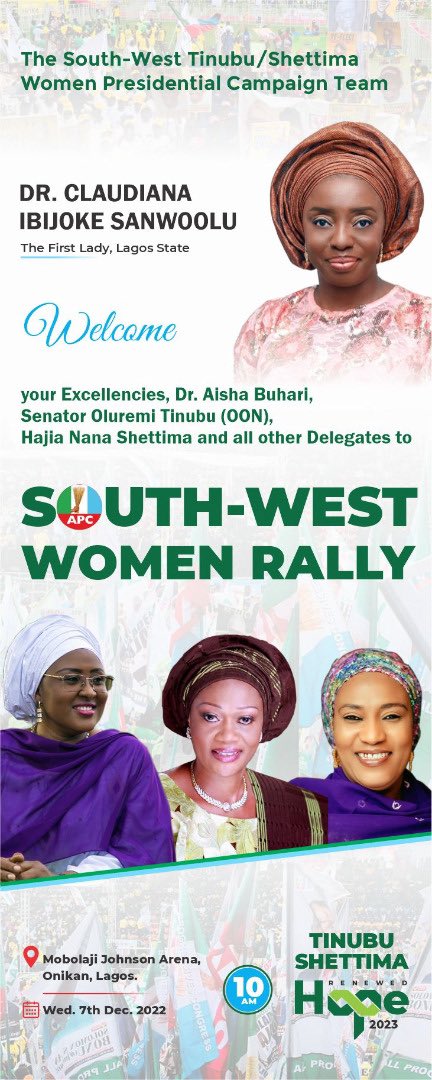 ABATBabes's tweet photo. South-West Women Rally!!!

Dr. Ibijoke Sanwoolu welcomes her Excellency Dr. Aisha Buhari, Sen. Oluremi Tinubu (OON), Hajia Nana Shettima and other delegates.

Date: 7th Dec
Time : 10am
Venue: Mobolaji Arena

#AsiwajuShettima 
#RenewedHope2023 
#BATBABES https://t.co/hbwSRvcLNT