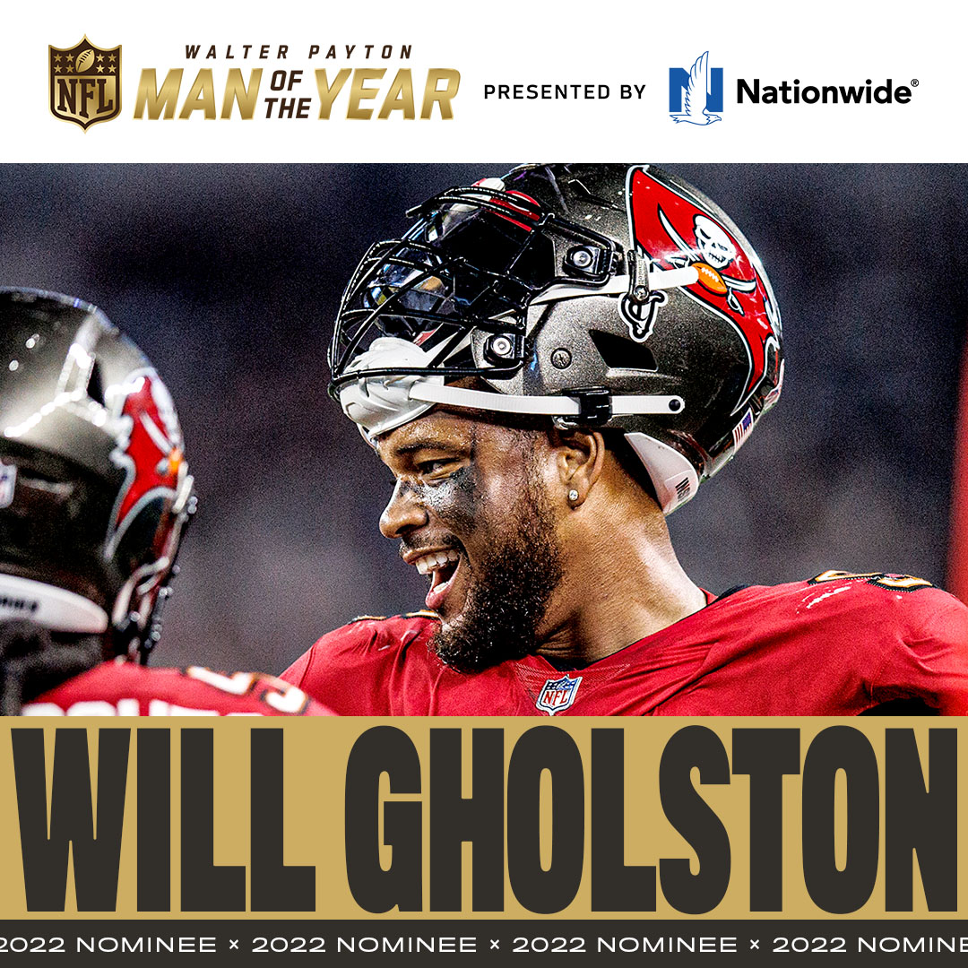 Buccaneers's tweet photo. Congratulations to @WILL_GHOLSTON2 on being named our nominee for Walter Payton Man of the Year! 👏

As part of @Nationwide's #WPMOYChallenge, fans can RT this post to help Will earn $25K for the @MoffittNews George Edgecomb Society.