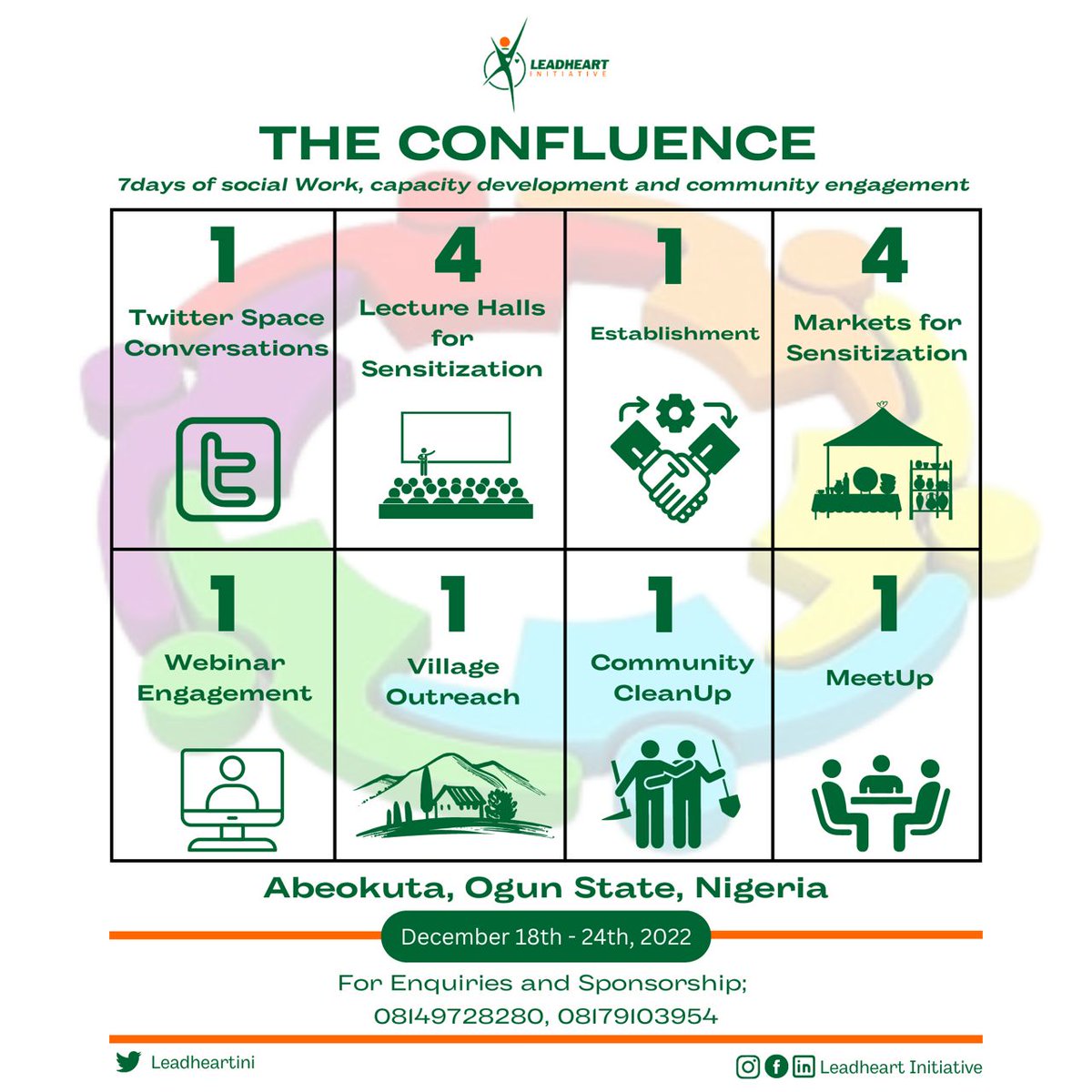 LeadheartIni's tweet photo. One of the things we are passionate about is contributing to the community and society at large.
Introducing our lined up activities for The Confluence.
Save the date and continue to journey with us.
#EndOfTheYearProject
#LeadheartInitiative
#SDGsChampion https://t.co/bwBYuBucxO