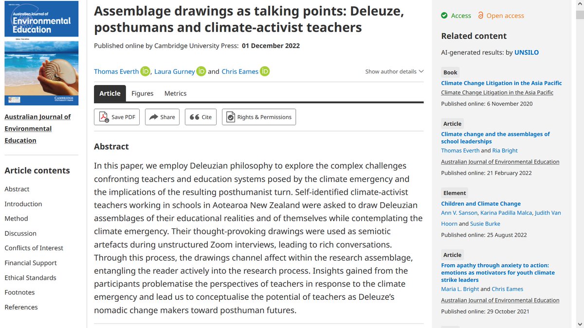 Fascinating study by Everth et al. of climate-activist teachers who drew Deleuzian assemblages of their work on the climate emergency.  Insights problematise how teachers respond to the emergency, and suggest how they may become nomadic change makers.  cambridge.org/core/journals/…