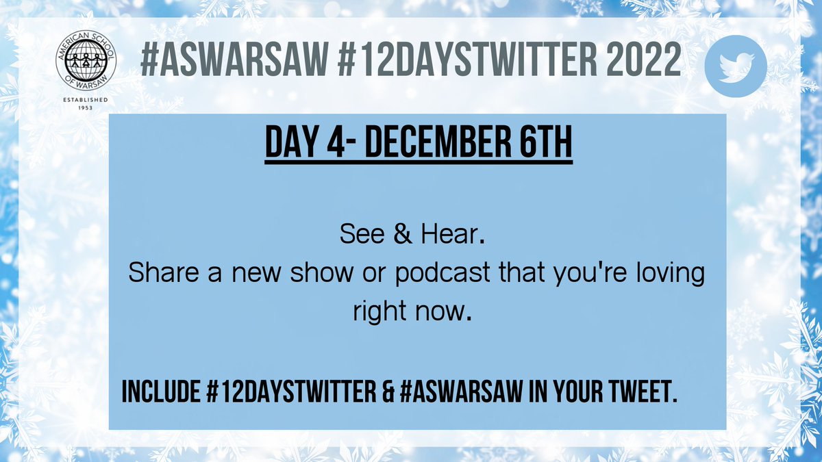 MsReyna2's tweet photo. Day 4 of #12DaysTwitter today
Non-edu podcasts:
@slightchangepod - storytelling meets human behavior
Kelly Corrigan Wonders - a little bit of everything
@sharon_says_so - brain tingles & democracy
Watching - Boardwalk Empire (yes, I know, I'm late to the party)
#ASWarsaw https://t.co/BJGYwXufl1