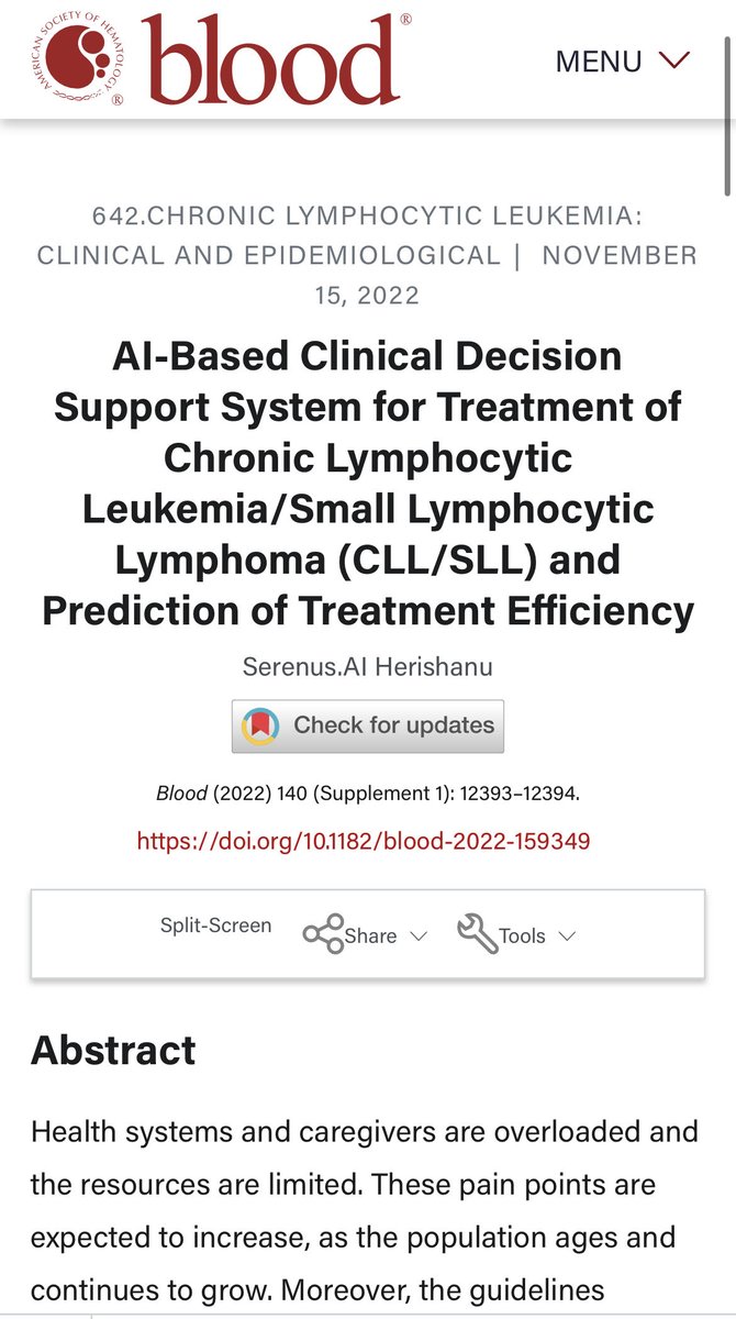 Serenus.AI in the American Society of Hematology:  With Janssen Israel on AI-Based Clinical Decision Support System for the Treatment of Chronic Lymphocytic Leukemia/Small Lymphocytic Lymphoma (CLL/SLL) and Prediction of Treatment Efficiency to improve CLL.