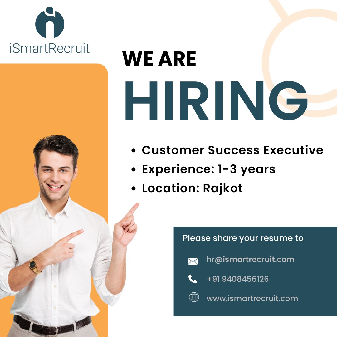 Hello #linkedin #connections 

We are hiring a Customer Success Executive for the Rajkot location. If you are interested, please share your resume at hr@ismartrecruit.com

#linkedin #connection #linkedinconnection 
#customersuccessjobs #resume #share #hiring #jobalert #jobs