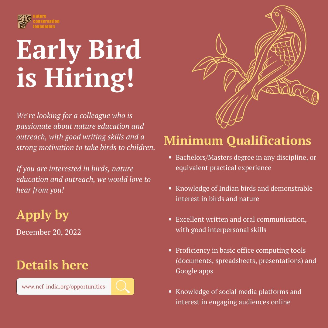 Nature Conservation Foundation (@ncfindia) on Twitter photo Interested in birds and nature education? Would you like to be part of a team that creates material for children, trains educators, and networks with organizations to spread the joy of birds? We'd like to hear from you!
Details here: ncf-india.org/education-and-…
<a href="/earlybirdncf/">Early Bird</a> Interested in birds and nature education? Would you like to be part of a team that creates material for children, trains educators, and networks with organizations to spread the joy of birds? We'd like to hear from you!
Details here: ncf-india.org/education-and-…
<a href="/earlybirdncf/">Early Bird</a>