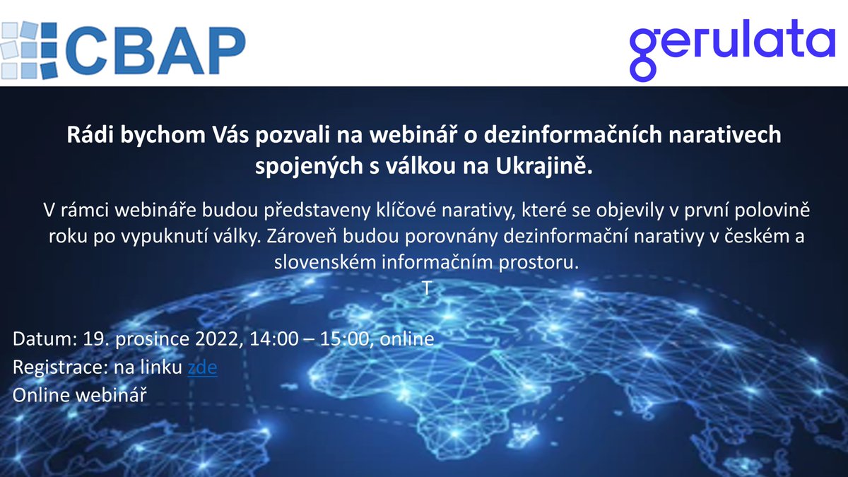 cbap_cz's tweet image. Rádi bychom Vás pozvali na webinář o dezinformačních narativech spojených s válkou na Ukrajině. Budou představeny klíčové narativy v česko-slovenském prostředí.
Akce se uskuteční 19. 12. od 14:00 do 15:00, online. Registrace zde: forms.gle/dcFYFQUQgm4bhv…