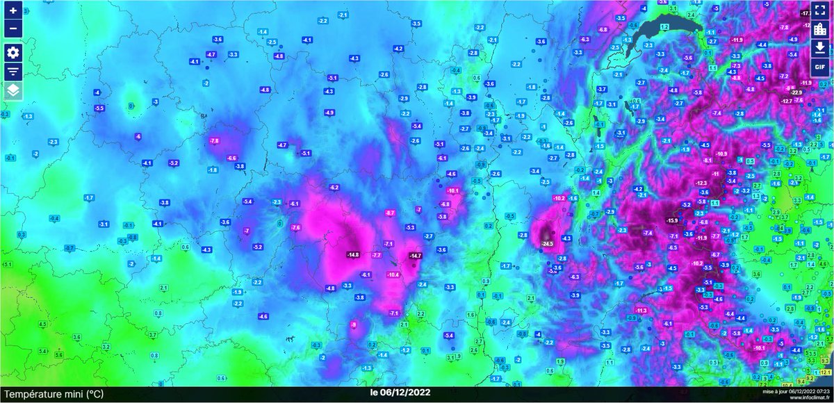 Minimales bien froides à la faveur d'un ciel dégagé et parfois de #neige au sol sur le Massif-Central et vallées alpines ce matin avec souvent -5 à -9°C, parfois bien moins dans les trous à froid. Carte @infoclimat 