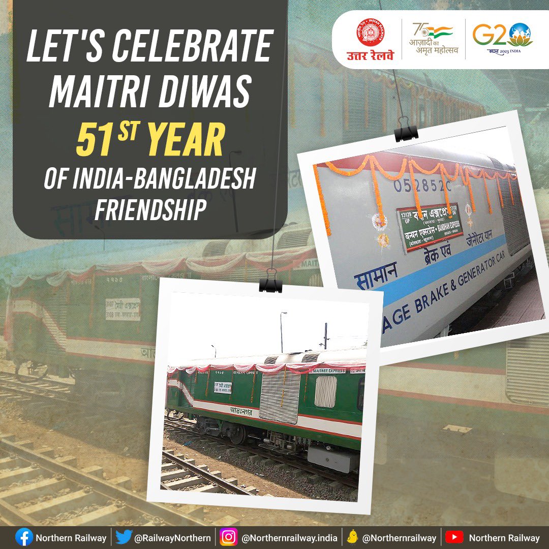 RailwayNorthern's tweet photo. On the day of #MaitriDiwas, let's celebrate 51 years of mutually beneficial and strong bond between India and Bangladesh. 

Indian Railways makes this bond stronger with efforts to enhance regional trade and rail connectivity with Bandhan Express and Maitree Express. https://t.co/nMyphAdqHS