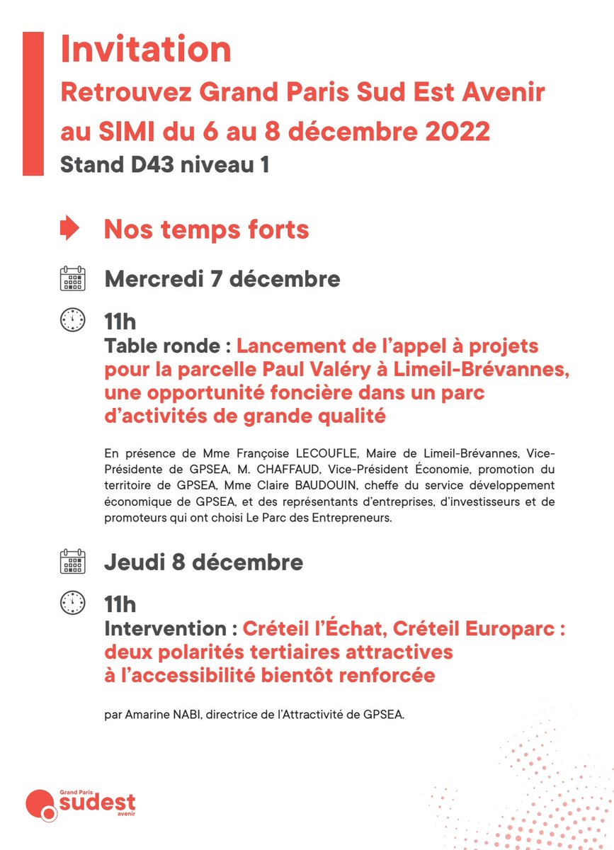 Voici notre programme d'événements #simi2022 (stand D43). Nous lancerons notamment notre appel à #projets pour une parcelle de 25 000 m2 à #Limeil, destinée à un beau projet économique. 
<a href="/LimeilBrevannes/">Limeil-Brevannes 🇫🇷</a> <a href="/Valdemarneinfo/">Val de Marne Infos </a> <a href="/leparisien_94/">Le Parisien | 94</a> <a href="/94citoyens/">Citoyens.com</a>