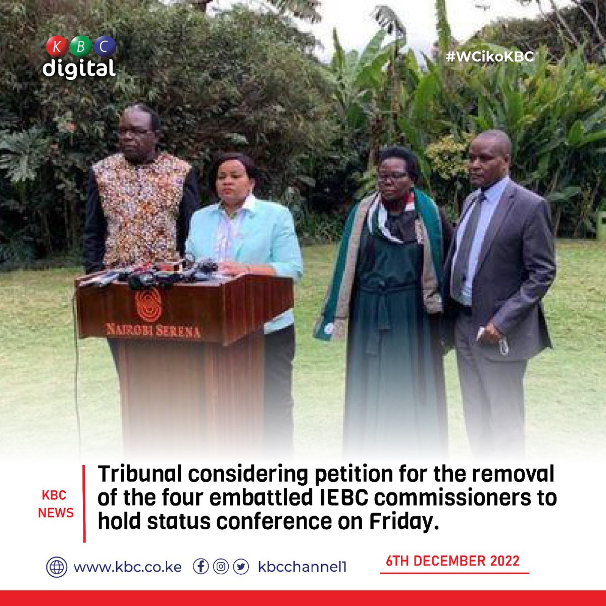 Tribunal considering petition for the removal of the four embattled IEBC commissioners to hold status conference on Friday. ^PMN #WCikoKBC