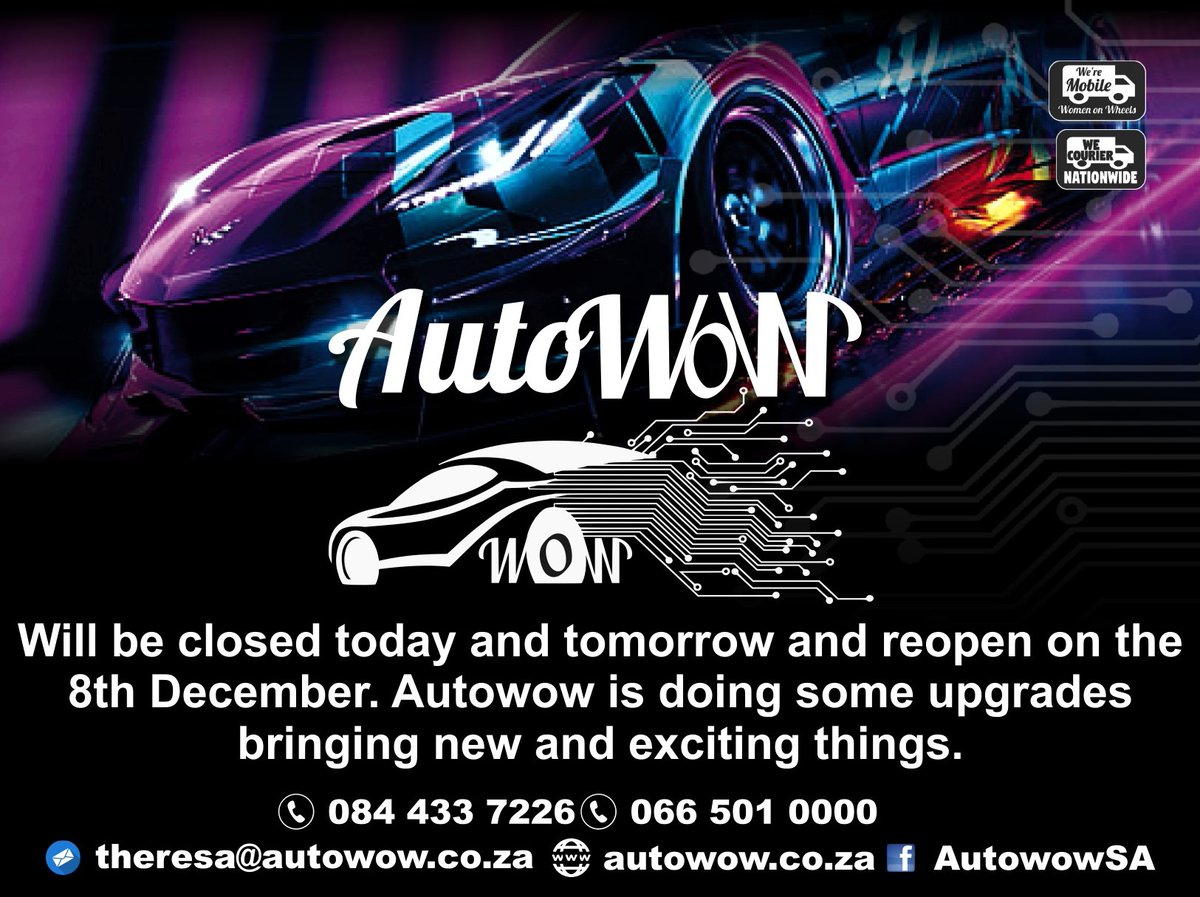 GorePrinting's tweet image. AutoWow Gauteng -will be closed today and tomorrow and reopen on the 8th December. AutoWow will be doing some upgrades bringing you new exciting things!! 

#autoWow #Keyreplacements #mileagecorrection #modulereset #keyrepair #airbags #airbagcontrol
