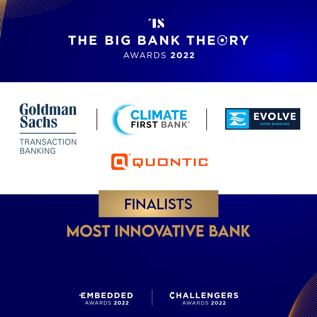 tearsheetco's tweet photo. The finalists for Most Innovative Bank for this year's The Big Bank Theory Awards are @GoldmanSachs, @climate1stbank, @Evolve_OB, and @quontic.

Stay tuned as we announce winners on Dec 8-9 and, register for your complimentary ticket here: https://t.co/ylKAJyClD0 https://t.co/taZ3C9O5oE