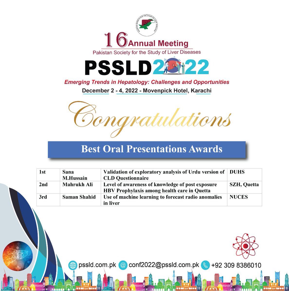 Proud moment for SKBZ Al-Nahyan Medical Complex, Consultants Dr. Marukh Ali Bugti  awarded second prize by Pakistan Society of Liver Disease (PSSLD) 2022.