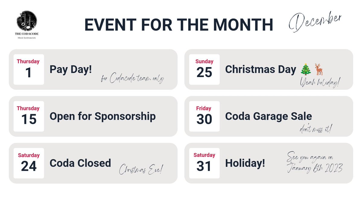 TheCodacode's tweet image. ⠀⠀ ⠀
🗓️ 𝐓𝐇𝐄 𝐂𝐎𝐃𝐀𝐂𝐎𝐃𝐄 𝐃𝐄𝐂𝐄𝐌𝐁𝐄𝐑 𝐒𝐂𝐇𝐄𝐃𝐔𝐋𝐄!
⠀ ⠀ ⠀