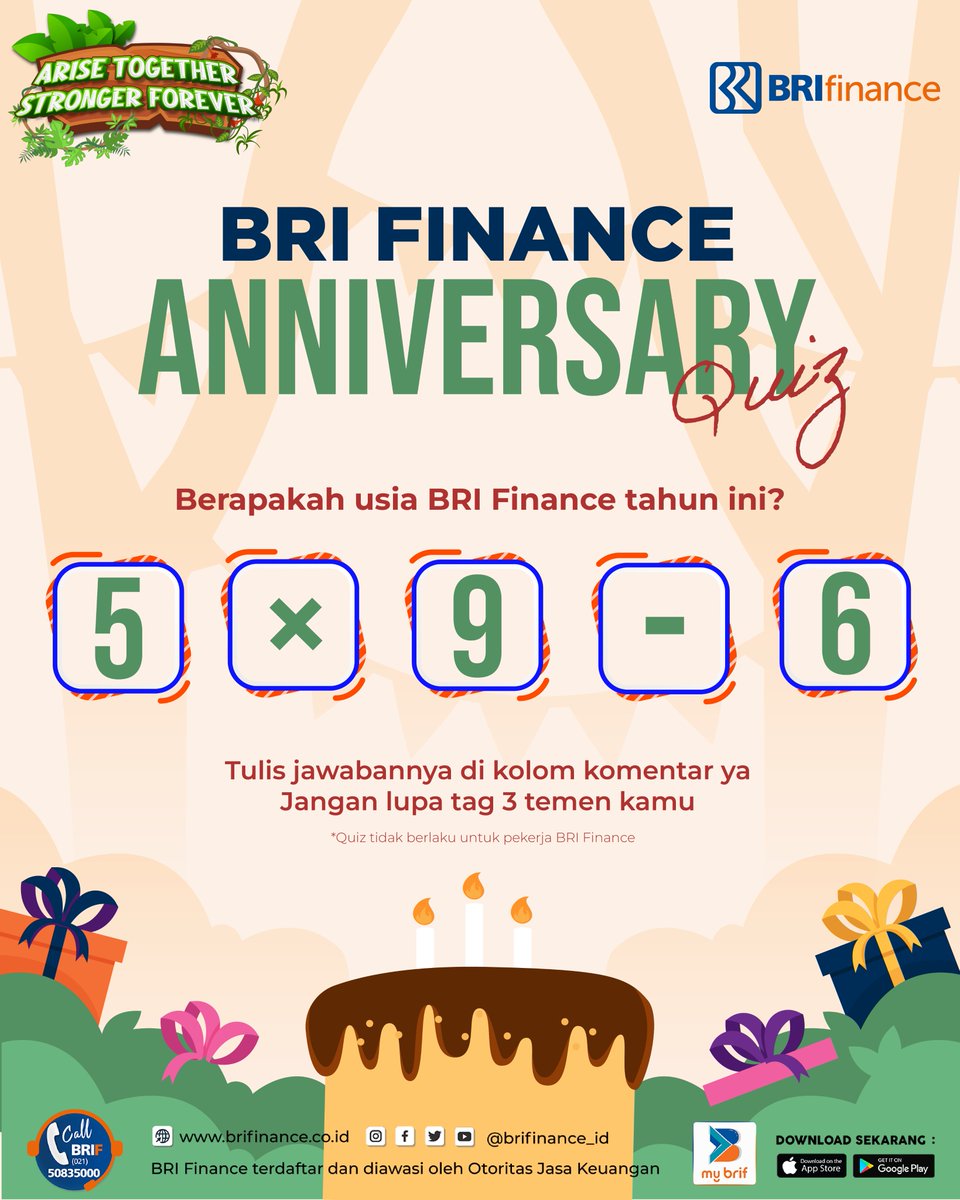 Halo Sobat BRIF,
7 Desember adalah hari ulang tahun BRI Finance. Apakah kalian bisa tebak berapakah usia BRI Finance tahun ini?
Tulis jawaban di kolom komen dan tag 3 temen kamu ya!

#BRIFinance #Quiz #BRI #Kuis #SobatBRIF #MyBRIF