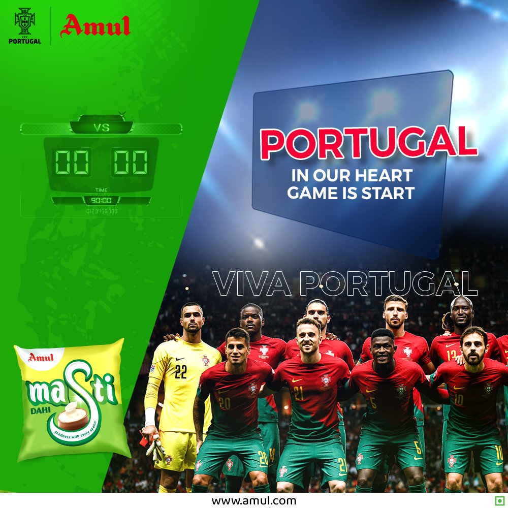 AmulPunjab's tweet photo. Portugal in our Heart, The game is Start.
.
#VivaPortugal 
.
#amul #amulmilk #amulkool #chocolate #fruitnnut #football #amulbutter #Amulcream #amulicecream #portugalteam  #portugal #ronaldo #amulindia 
.
https://t.co/HEolMXZxiQ https://t.co/vircfhcHjO
