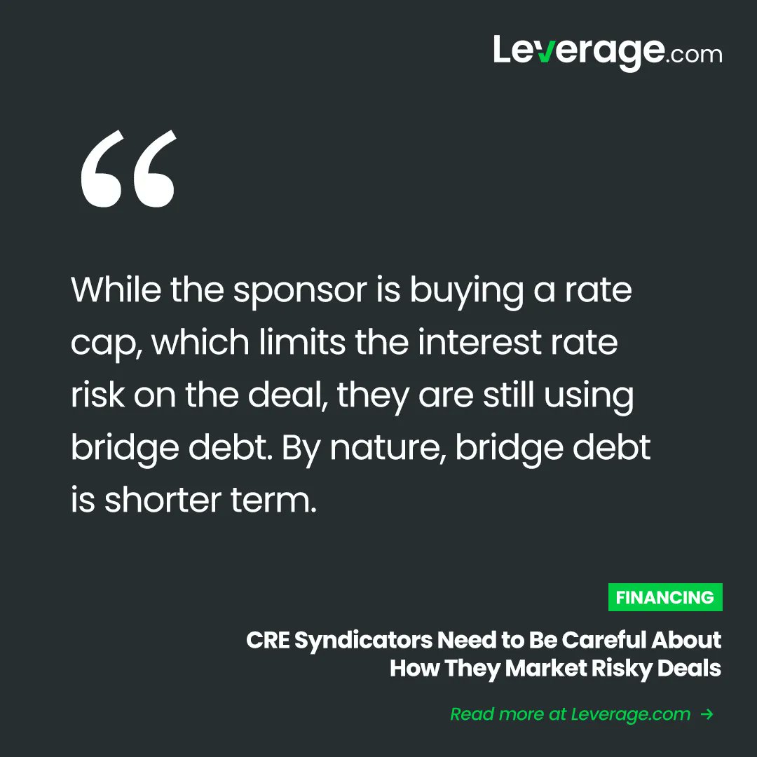 “While the sponsor is buying a rate cap, which limits the interest rate risk on the deal, they are still using bridge debt. By nature, bridge debt is shorter term. Shorter term debt is inherently more risky ” 

For more information,visit: leverage.com/financing/cre-… 

#leveragedotcom
