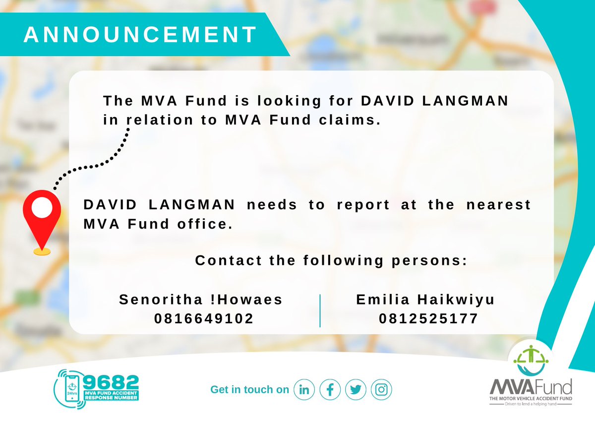 MVAFundNamibia's tweet photo. Public Announcement: The Fund is looking for DAVID LANGMAN. David or anyone who knows him should get in touch with us. David can contact Ms. Senoritha !Howaes - 0816649102
#Share #FindDavid https://t.co/JtW2Vyl4b0