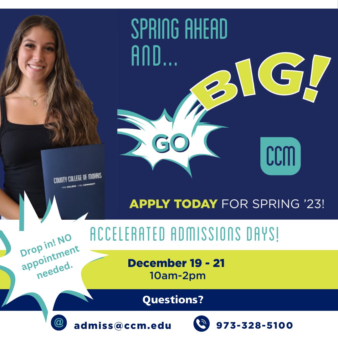 CCM_edu's tweet photo. "SAME DAY" apply to @CCM_NJ AND register for class.
Dec. 19, 20 &amp; 21 from 10am - 2pm.

#CCMProud Admissions &amp; Student Success Teams ready to assist you! It's not too late to apply for Spring. 

Classes begin January 18, 2023
https://t.co/ZjRr0CE3MJ https://t.co/eaqAUstT1T