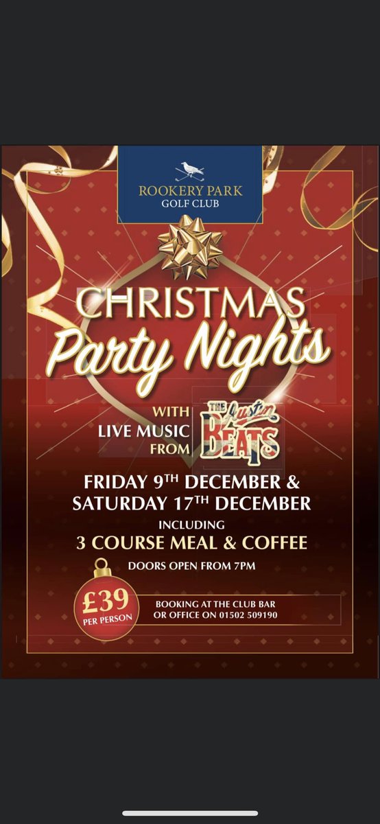 🎄… 🪩Christmas Party Nights🪩

Come &amp; dance the night away with the brilliant Austin Beats🎙🥁🎷

a Works do, a Girls night out, family meet up…
All Welcome💃🏼🕺🏻

☎️01502 509190

*limited availability remaining