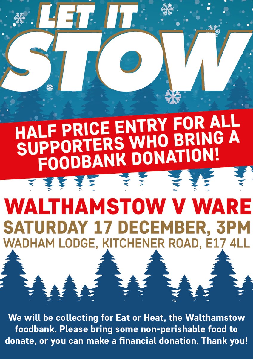ThatAlexPerry's tweet image. It's that time of year again! The @WalthamRabble fans are organising the #WalthamstowFCfoodbank collection for local charity @EatOrHeat!

Make a donation at @walthamstowfc v @Ware_FC &amp;amp; get in for a bargain £4! 

Please come, share, let's have a massive crowd &amp;amp; great day! #E17