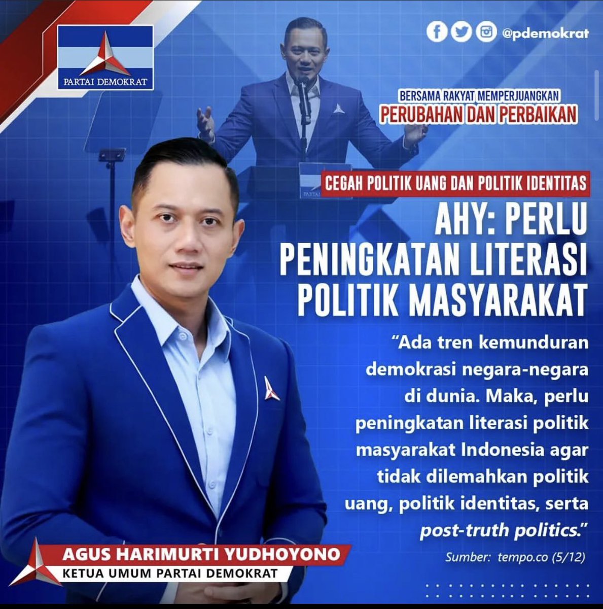 CEGAH POLITIK UANG DAN POLITIK IDENTITAS
AHY: PERLU PENINGKATAN LITERASI POLITIK MASYARAKAT.
.
#demokrat #pdemokrat #partaidemokrat #partai #politik #ahy #ahypemimpinperubahan #perubahandanperbaikan #indonesia #pemilu #pilpres #mamuju #sulbar #menang #capres #cawapres #akdem