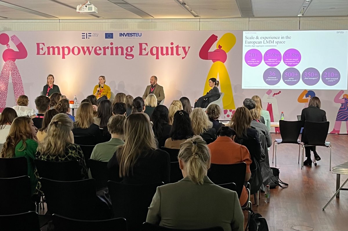 At #EmpoweringEquity today, our investment managers are sharing the EIF’s funding &amp; selection approach 🙋‍♀️  Under #InvestEU 25% of our financing activity must comply w/ the #gender criteria. 

Here w/ <a href="/DonjonElodie/">Elodie Donjon</a> for #VC, Sarah Stein for #PE and Richard Rudner for #privatedebt.