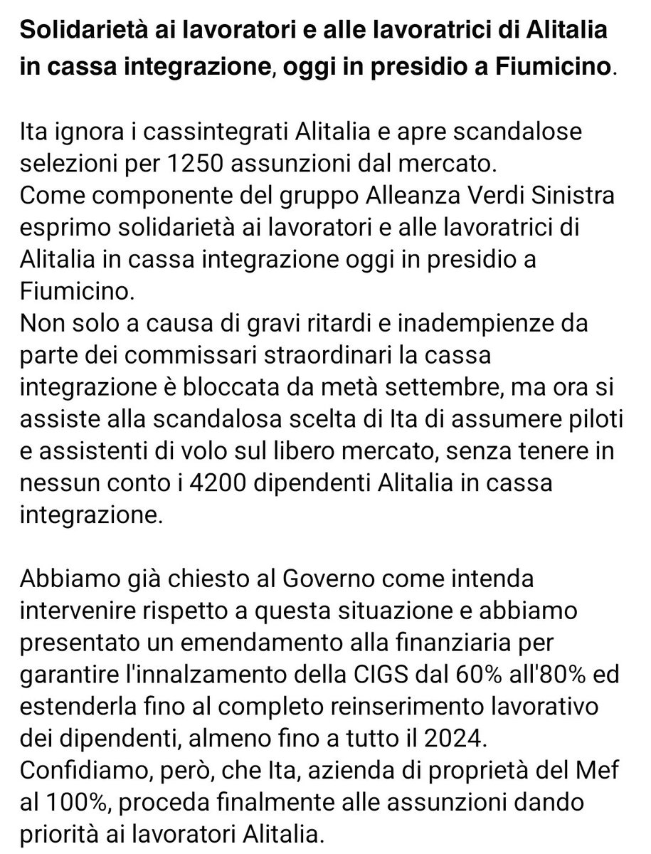 #Solidarietà alle lavoratrici e ai lavoratori di #Alitalia in #cassaintegrazione, oggi in presidio a #Fiumicino.

#AlleanzaVerdiSinistra
#Ita
#cigs
#priorità
#assunzioni

m.facebook.com/story.php?stor…