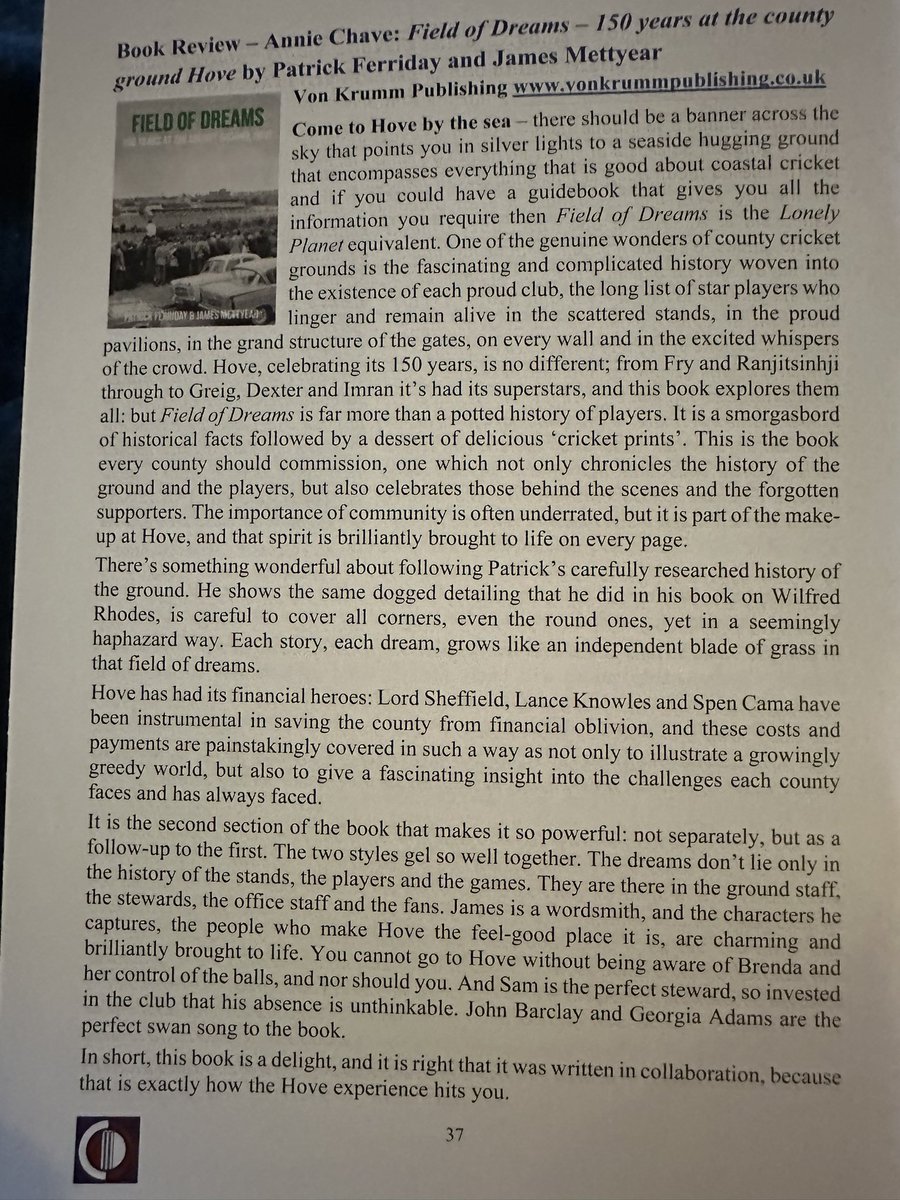 AnnieChave's tweet photo. Just a shout out for this wonderful book by @MasterlyBatting &amp; @JMettyear 
This is my book review of Field of Dreams from September’s Edition of @MattersCounty - it’s a fabulous book about the Hove ground but can be enjoyed by all as a homage to county cricket. Xmas present tip! https://t.co/rsp5mLVkIn