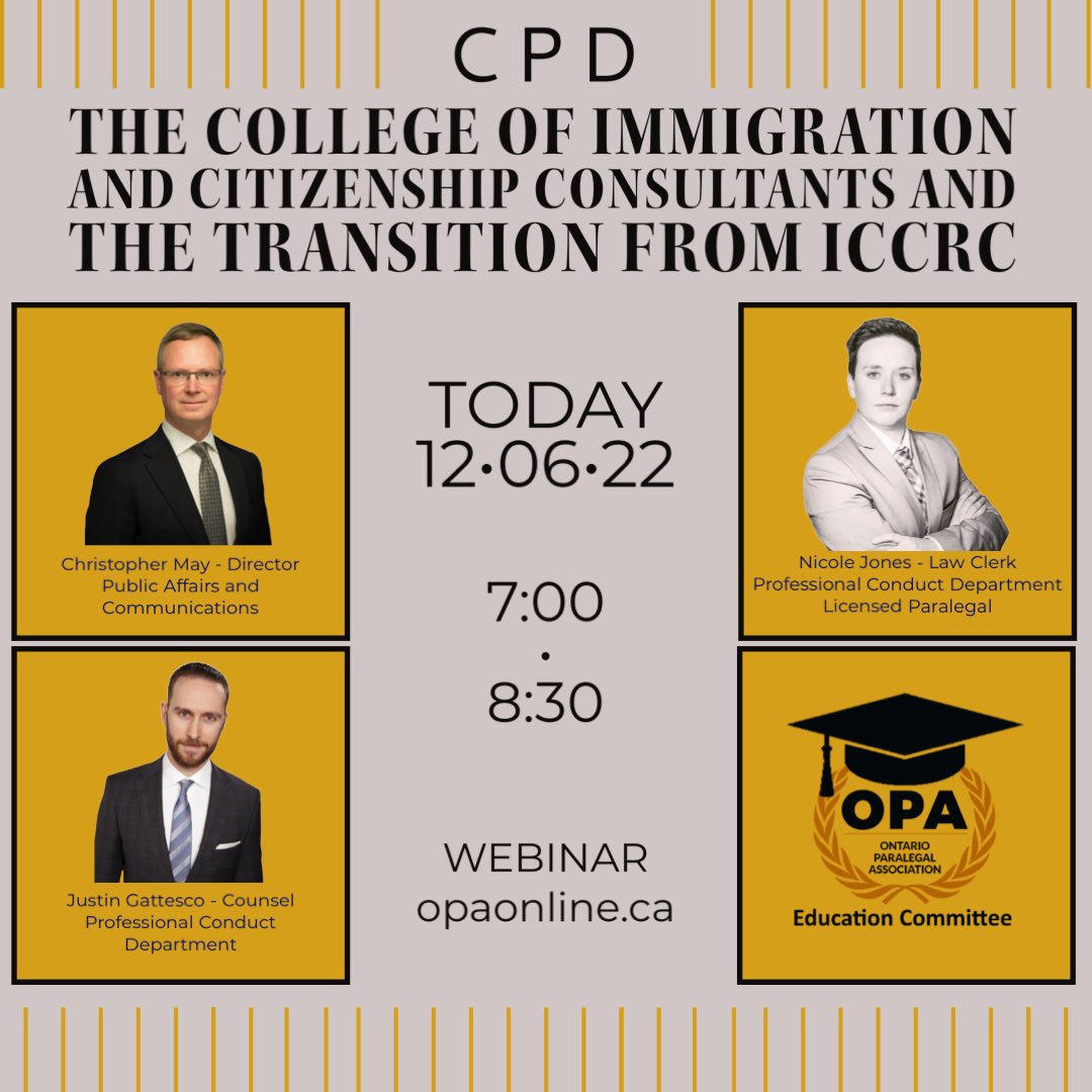 Today is our final CPD of 2022: Don’t miss out!! 
• 
Join us for a discussion about the College of Immigration and Citizenship Consultants and their transition from the ICCRC.
•
TO REGISTER OR ACCESS THIS WEBINAR: opaonline.ca/zoom-meetings/…